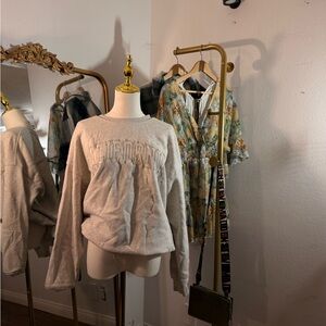 Anthropologie Cream Cozy Embroidered Collar Sweatshirt